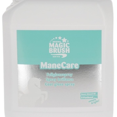 Garrafão branco com etiqueta azul e prata do produto MAGIC BRUSH ManeCare spray para brilho da pelagem.