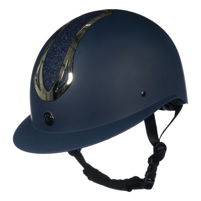 Capacete de equitação azul-escuro com detalhe em glitter azul e bordas douradas.