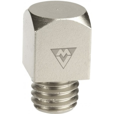 Parafuso metálico prateado com cabeça quadrada e marca 'M'