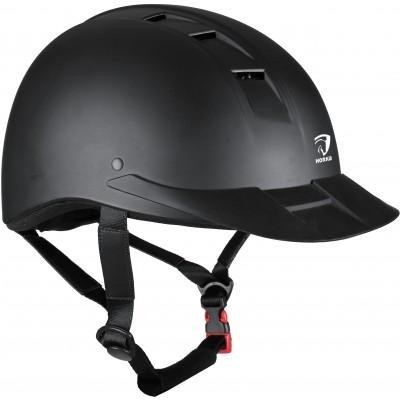 Capacete preto com viseira e tiras ajustáveis pretas