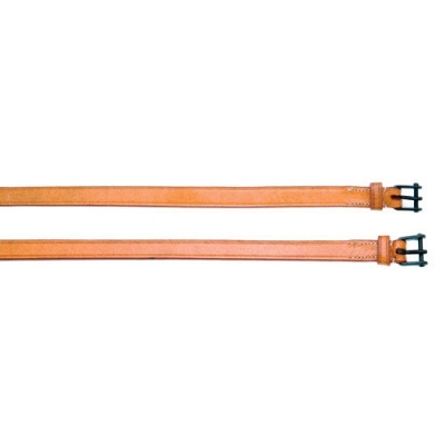 Duas correias finas de pele castanha clara com fivelas pretas em fundo branco.