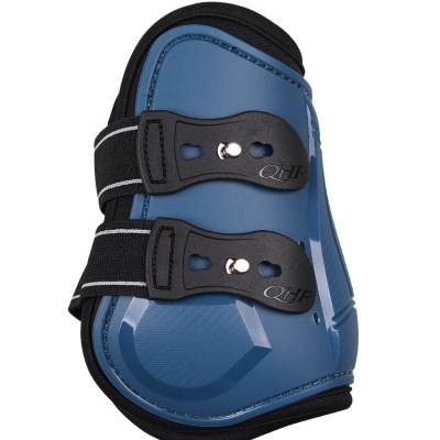 Proteção para casco de cavalo azul com tiras elásticas pretas ajustáveis