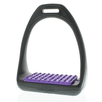 Estribo de montar preto com apoio roxo e relevo