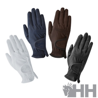 Quatro pares de luvas em branco, azul, castanho e preto com padrão franzido e etiqueta HH