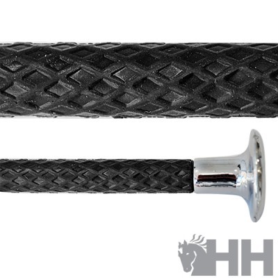 Cabo de couro preto com padrão em relevo e extremidade metálica prateada