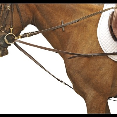 Cavalo castanho equipado com rédea, cabeçada, manta branca e sela de couro.