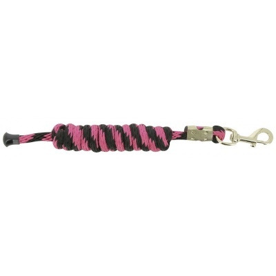 Leash para animais em corda preta e rosa com gancho metálico.