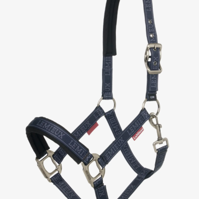 Cabresto para cavalo azul escuro com acolchoamento negro e ferragens metálicas