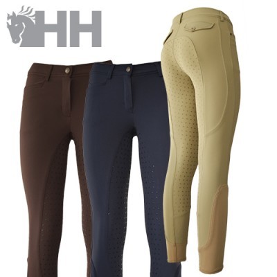 Três calças de equitação HH castanho, azul escuro e bege com textura perfurada