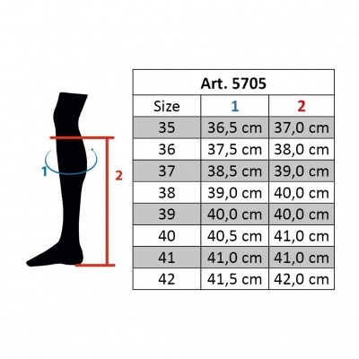 Tabela de tamanhos para o artigo 5705 com medidas e ilustração da perna
