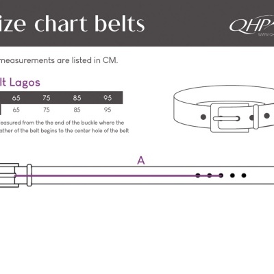 Tabela de tamanhos para cintos Belt Lagos com comprimento A em centímetros