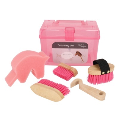 Conjunto de grooming para cavalo de brinquedo com caixa rosa, escovas rosas e esponja em forma de cavalo