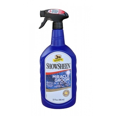 Garrafa pulverizadora azul Showsheen Miracle Groom com etiqueta branca e azul