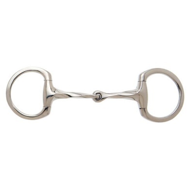 Freio de cavalo em metal cromado prateado com anéis grandes e articulação central