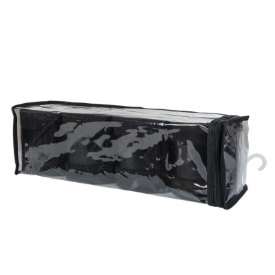 Bolsa organizadora transparente e preta retangular com gancho branco