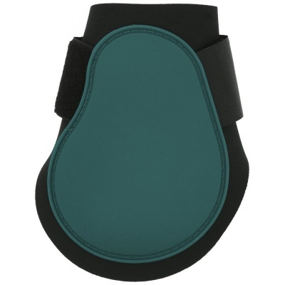 Protector de equitação com parte frontal azul-esverdeado e parte traseira preta com fecho de velcro