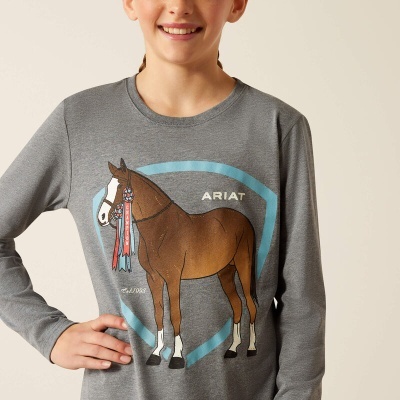 Camisola cinzenta com desenho de cavalo e texto ARIAT