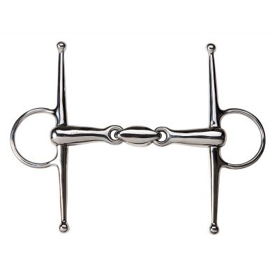 Freio de cavalo em metal prateado com argolas e peça central articulada