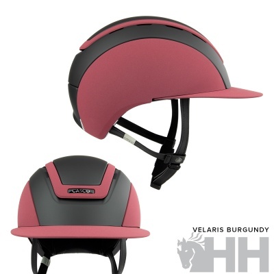 Capacete de equitação bordô e cinzento da marca CASCO modelo VELARIS BURGUNDY com tiras de proteção para o queixo