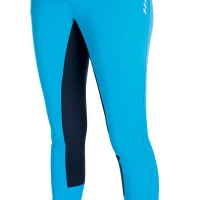 Calças de equitação azuis com detalhes pretos e logo branco lateral