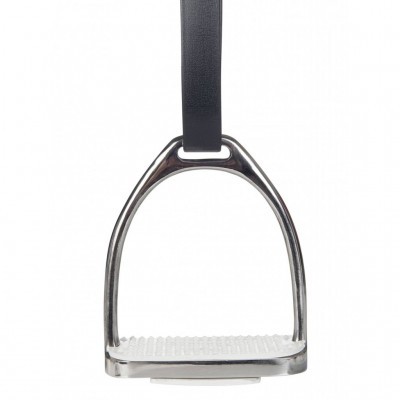 Estribo metálico prateado com base branca antiderrapante e tira preta de couro