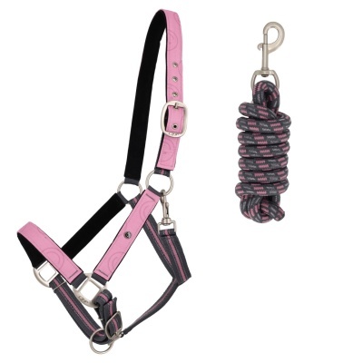 Conjunto de cabresto e cabo em nylon rosa e cinzento para cavalo