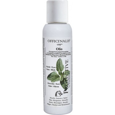 Frasco branco com óleo OFFICINALIS para olhos e orelhas com ilustração de folhas verdes