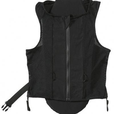 Colete de proteção preto com fecho de correr central e tecido em malha nas laterais
