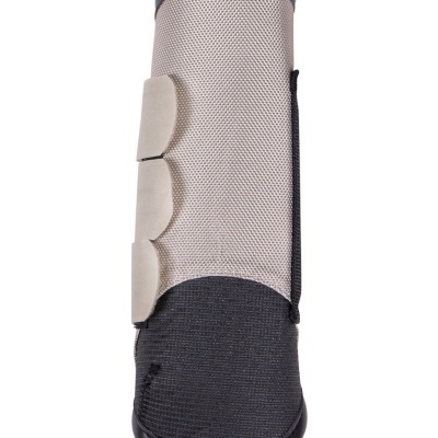 Protetor para perna de cavalo cinza claro e preto com fechos de velcro bege