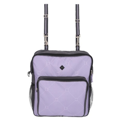 Mochila pequena lilás com bolso frontal e alças pretas