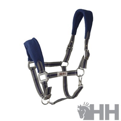 Cabresto para cavalo azul e cinzento com ferragens metálicas e logotipo HH