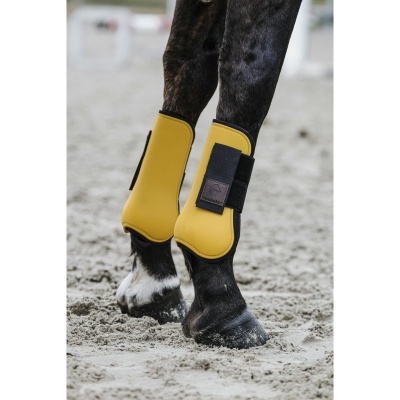 Proteções amarelas para pernas de cavalo com fecho de velcro preto