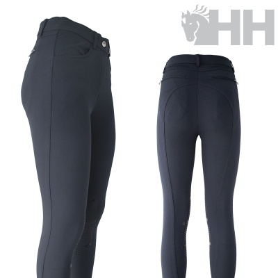 Calças de equitação pretas com bolsos e detalhes de silicone
