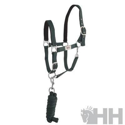 Cabresto para cavalo verde escuro com corda e fivela metálica