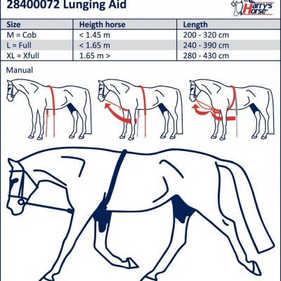 Instruções de uso e tabela de tamanhos para '28400072 Lunging Aid' da Harry's Horse com desenhos de um cavalo e fitas vermelhas de posicionamento.