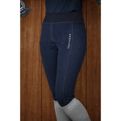 Calças de equitação azuis escuras com costuras e texto branco SOUTHTHAME