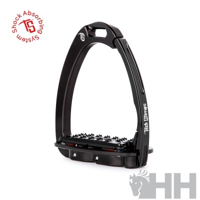 Estribo de equitação preto antiderrapante com texto Tech Stirrups e logótipo TS
