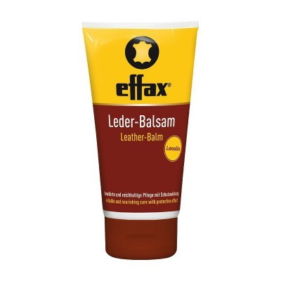Tubo amarelo e castanho de bálsamo para couro Effax Leder-Balsam com texto em inglês e alemão.