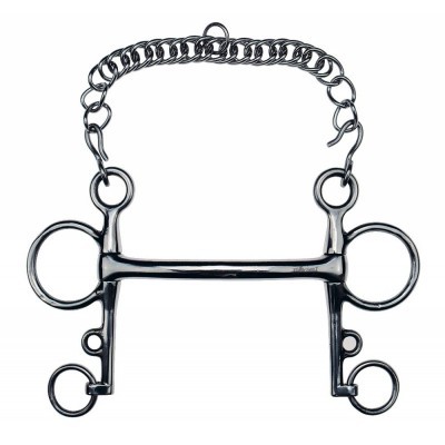 Freio de cavalo em metal prateado com corrente e anéis