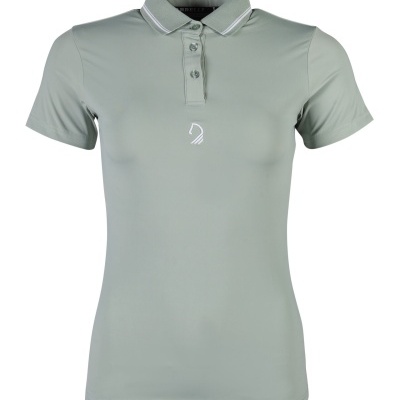Polo feminino cinza claro com gola e três botões.