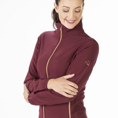 Casaco desportivo burgundy com fecho zip dourado e gola alta