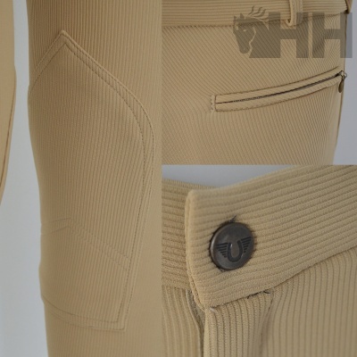 Calças bege de tecido canelado com bolso e botão preto com logótipo
