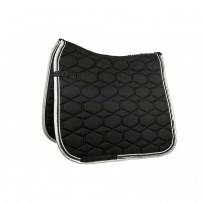 Sela de cavalo preta acolchoada com padrão hexagonal e borda prateada