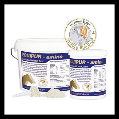 Recipientes de suplemento EQUIPUR - amino para cavalos com etiqueta azul e amarela e pó branco à frente