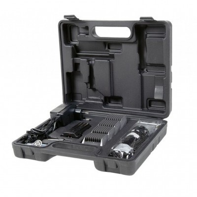 Estojo preto aberto com acessórios eletrónicos organizados