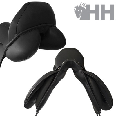 Selim de equitação preto em couro com logotipo HH e figura de cavalo cinzento
