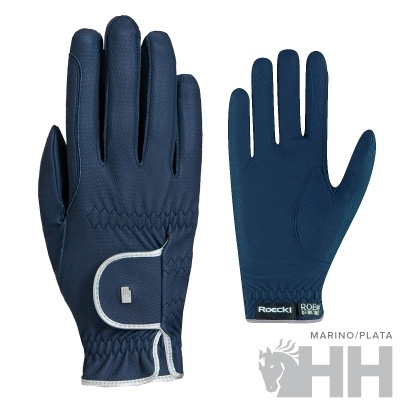 luvas azuis marinho com fecho ajustável e etiquetas Roeckl e ROB