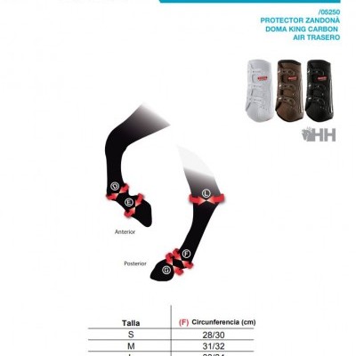 Protectores de canela Zandona em branco, castanho e preto com tabela de tamanhos