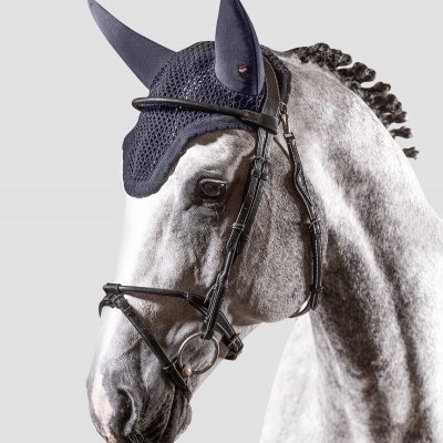 Cavalo cinzento claro com brida de pele preta e touca azul escura com orelhas