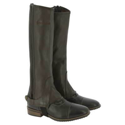 Polainas de couro castanho escuro com zíper lateral e botão, sobre fundo branco.